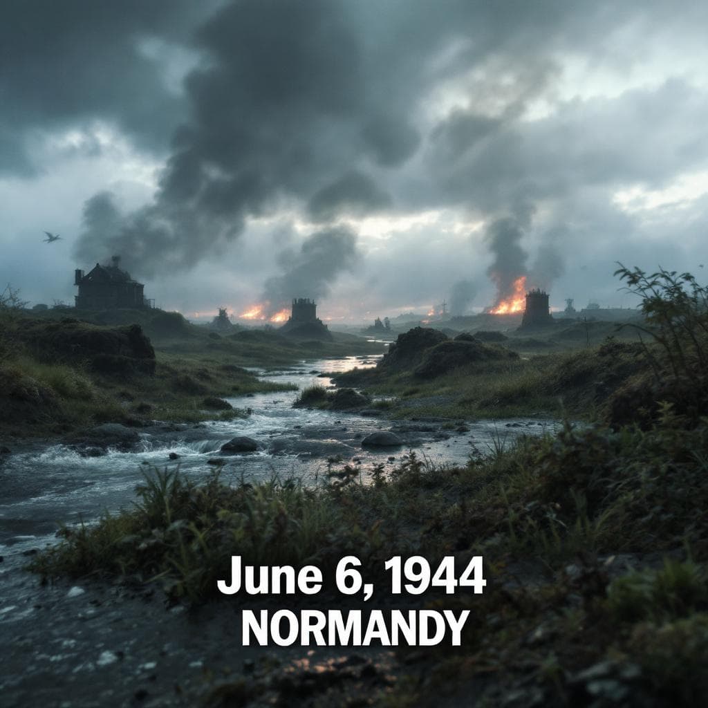 AI generated: Create a dynamic, cinematic landscape image of D-Day. Bottom-centered text that reads: "June 6, 1944...