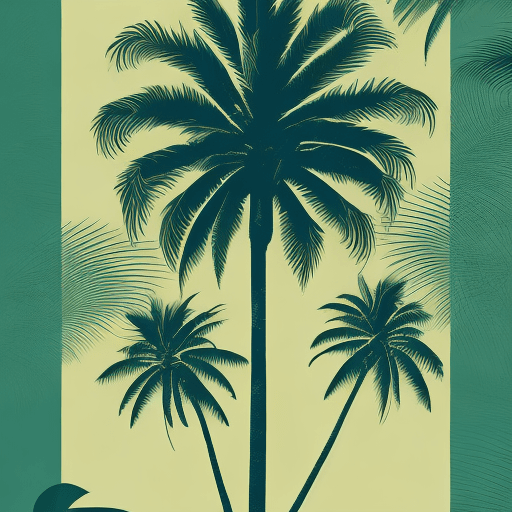 AI generated: A variation of a palm tree depicted in a classic screen-print (silkscreen) style, featuring bold, cl...