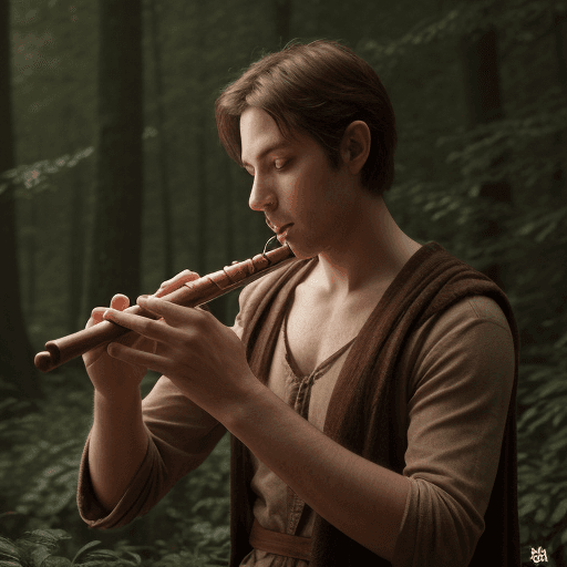 AI generated: an average looking, DnD human, in a forest, plaing a wooden piccolo flute, 4k, photorealistic, mysti...