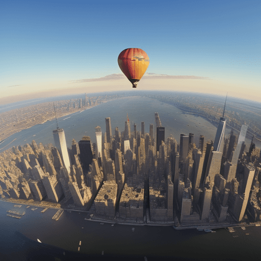 AI generated: Hyper realistic  view over New York city from hot air balloon zeppelins port on empire state buildin...