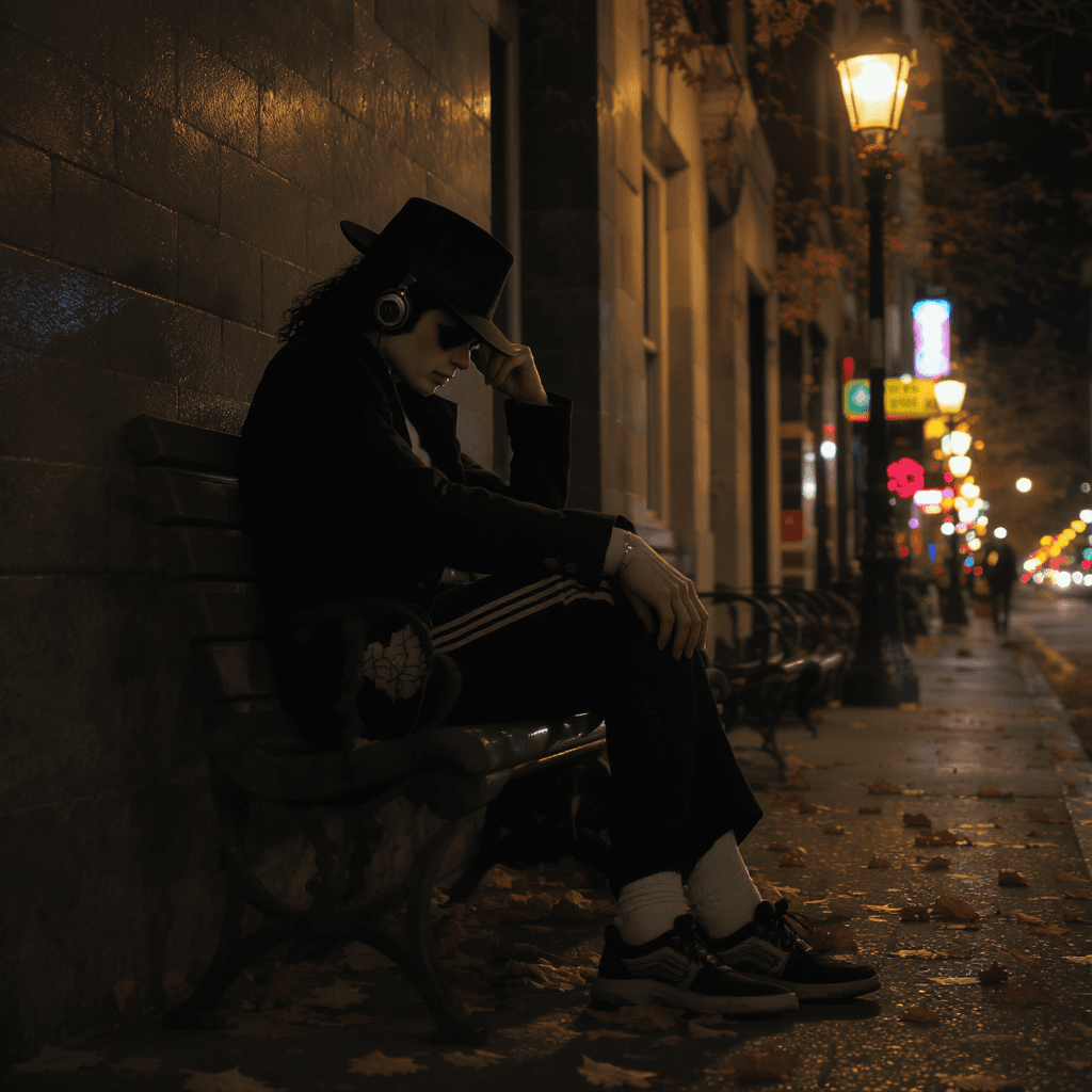 AI generated: a Michael Jackson lookalike sitting alone on a city bench in New York at night, wearing a fedora and...