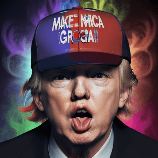 AI generated: donald trump  on a psychedelic trip with an open mouth and glowing eyes, with the make america great...