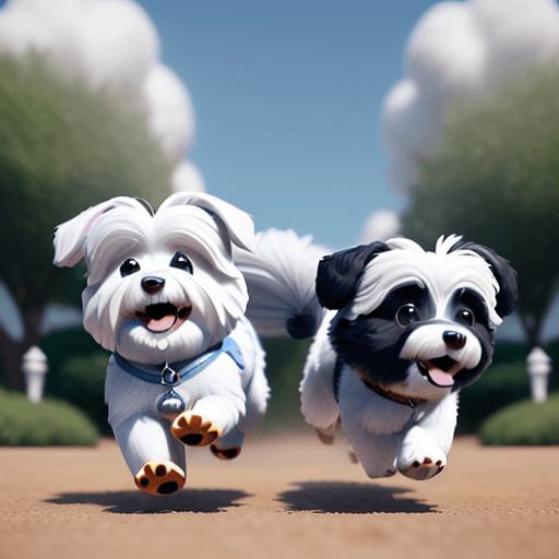 AI generated: Create a movie poster for Lumi and Tuisku, two cute Coton de Tulear dogs running happily, Disney Pix...