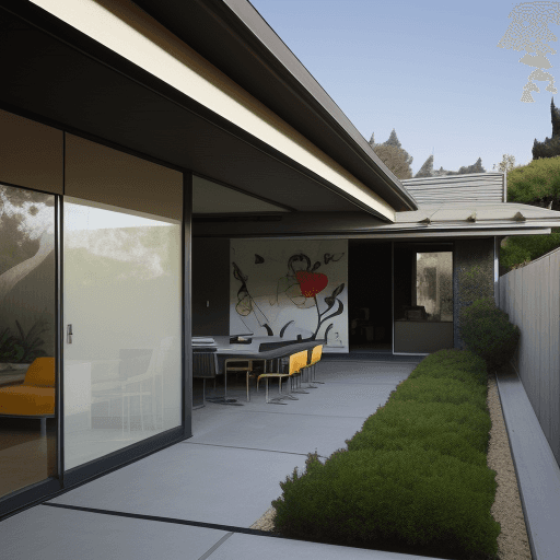AI generated: how would the artist paul rand design the landscape of an eichler home in palo alto using bold archi...