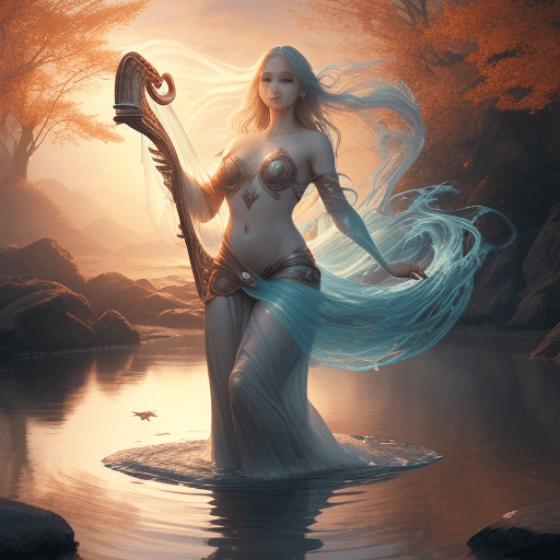 AI generated: A mesmerizing image of a beautiful female ethereal sorcerer standing in water, a serene sunrise, evo...