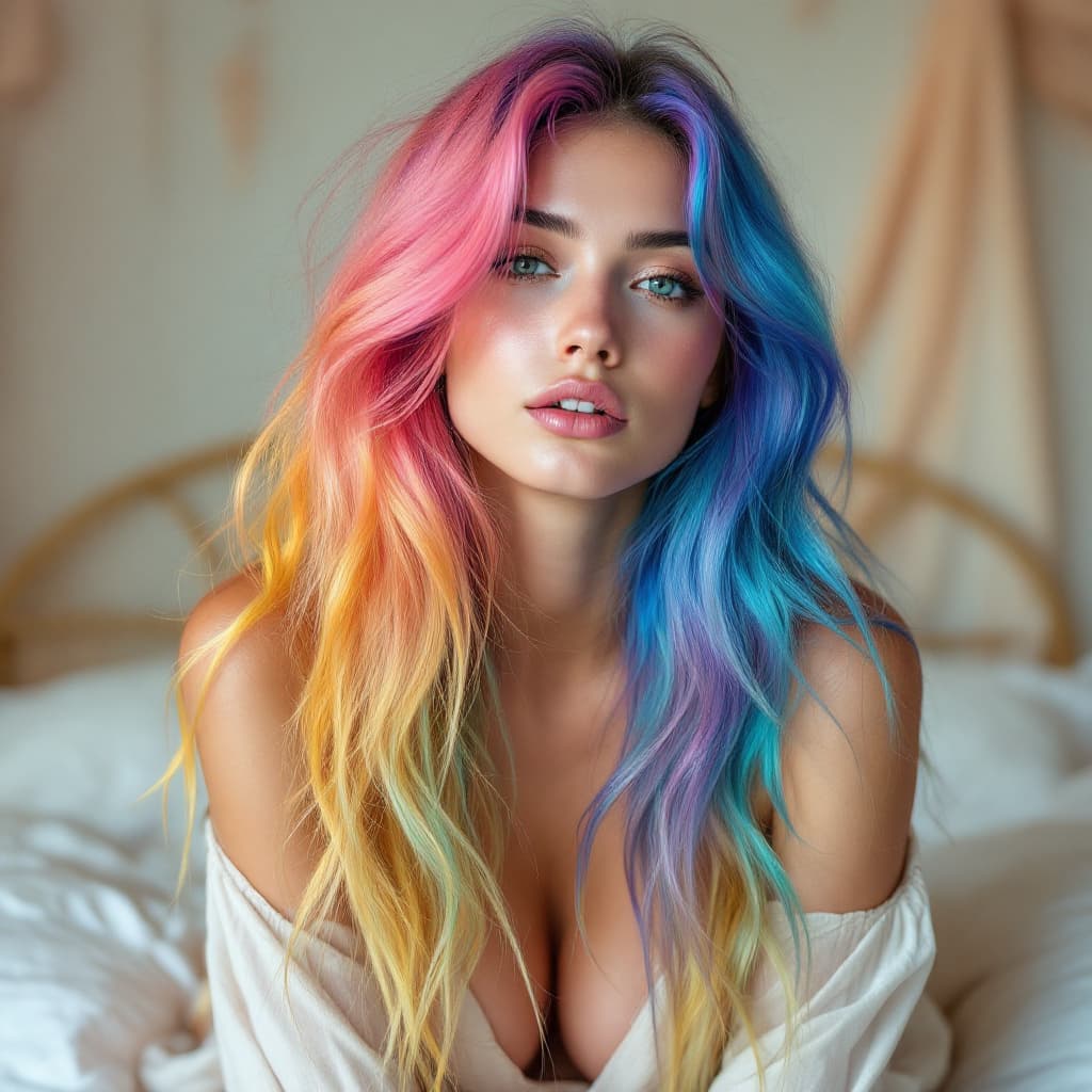 AI generated: A 20-year-old fashion model stands confidently on a bed in the dreamlike setting. Her multicolored r...