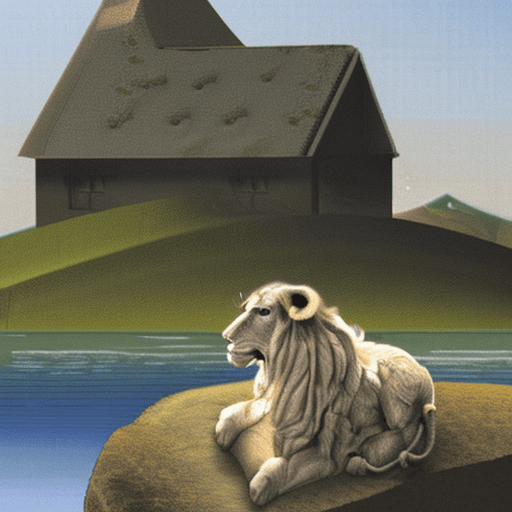 AI generated: lion and a young sheep sitting on a rock, next to a lake and a simple house in the background