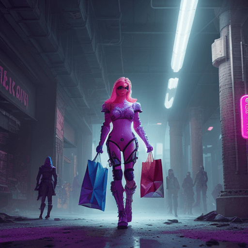 AI generated: A fashion model on a shopping spree, neon hues, dramatic lighting, vibrant colors, hyper-detailed, d...