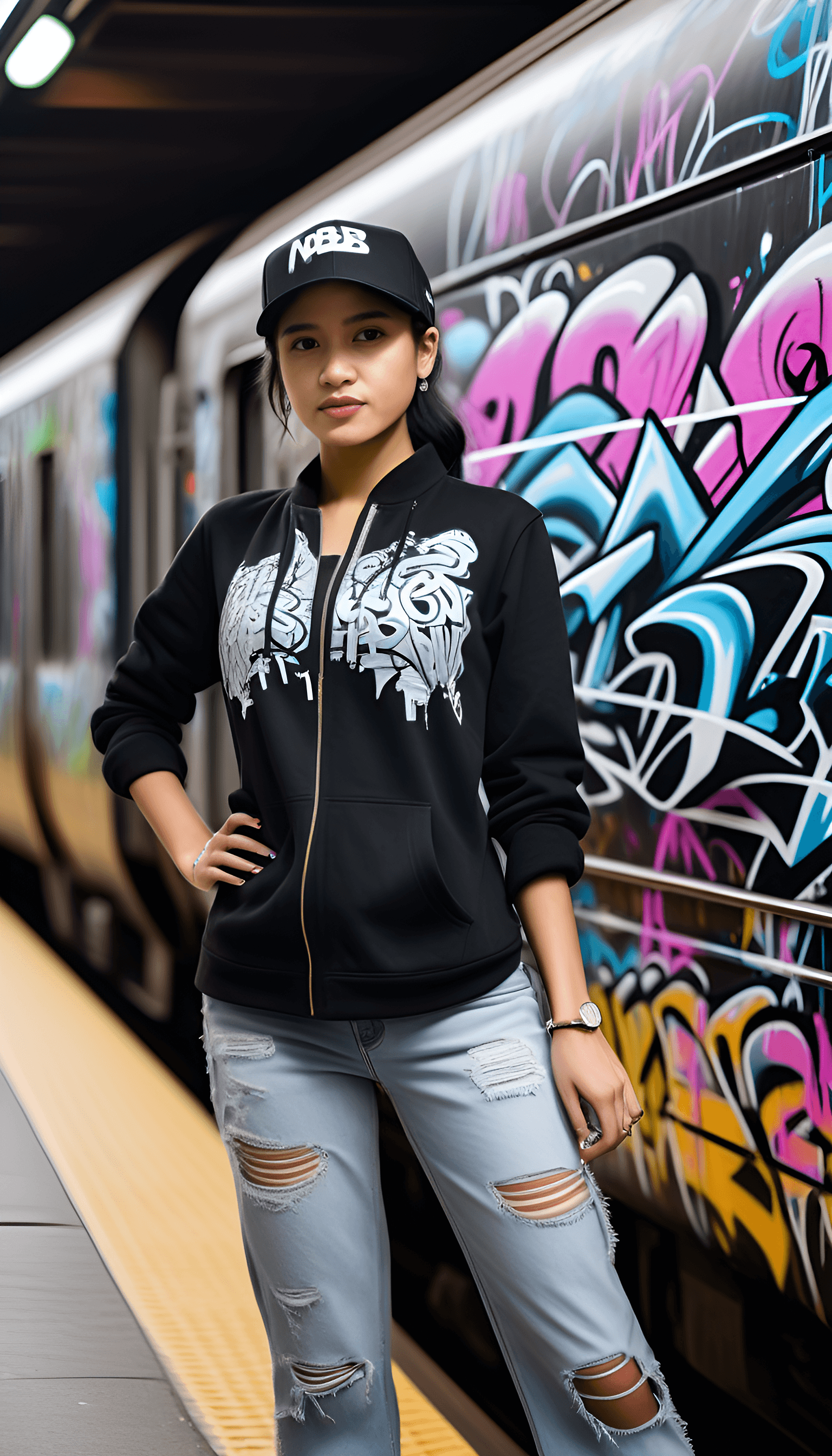 AI generated: potrait a girl wear RNB fhasion, black hair, black hat (snapback), Amidst the bustling city, a seren...