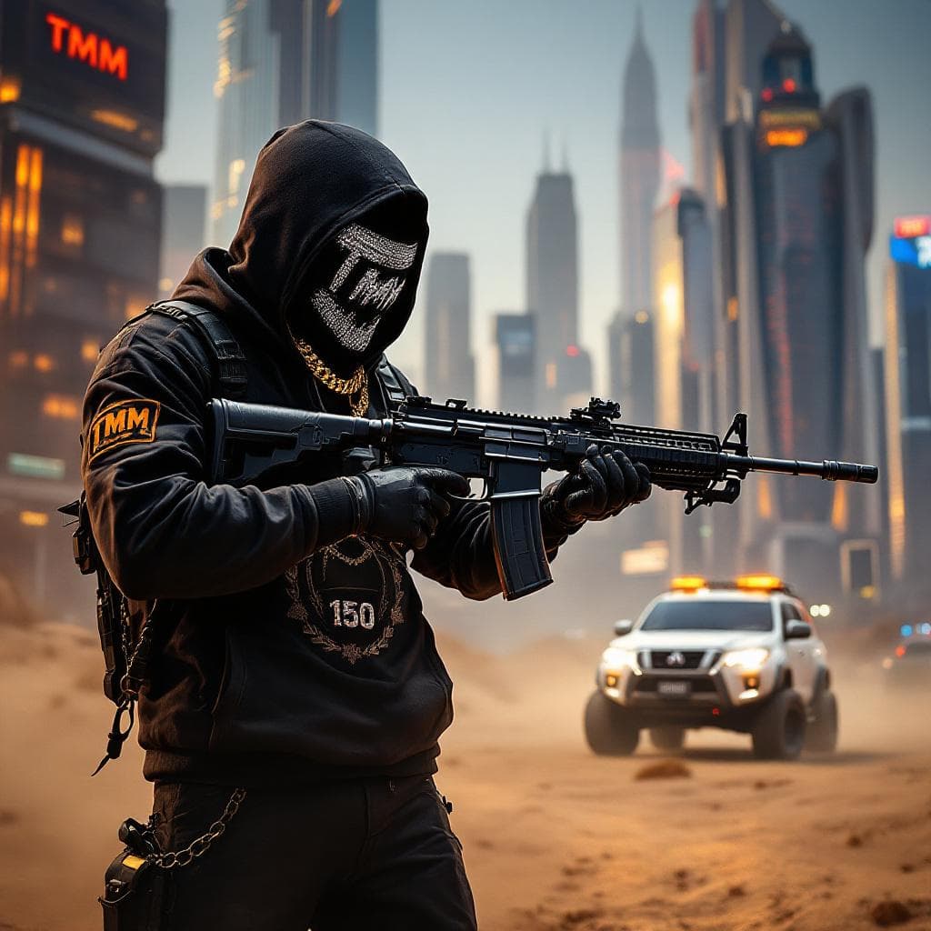 AI generated: black ops theme wearing face mask holding ak-47 dark theme, wearing diamond chains on emblem "TMM" f...