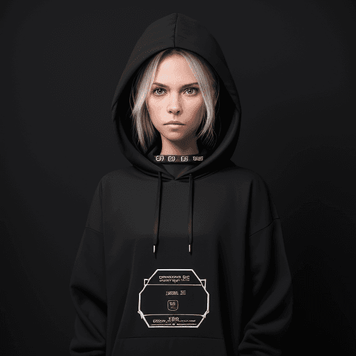 AI generated: front view, capture a hoodie, black, technical materials, fabric label on text 'BRYNEX', the design ...