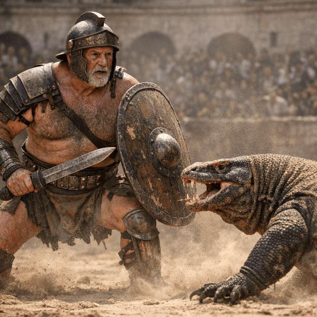 AI generated: Ultra-realistic documentary-style action photography inside the Roman Colosseum, bathed in warm gold...