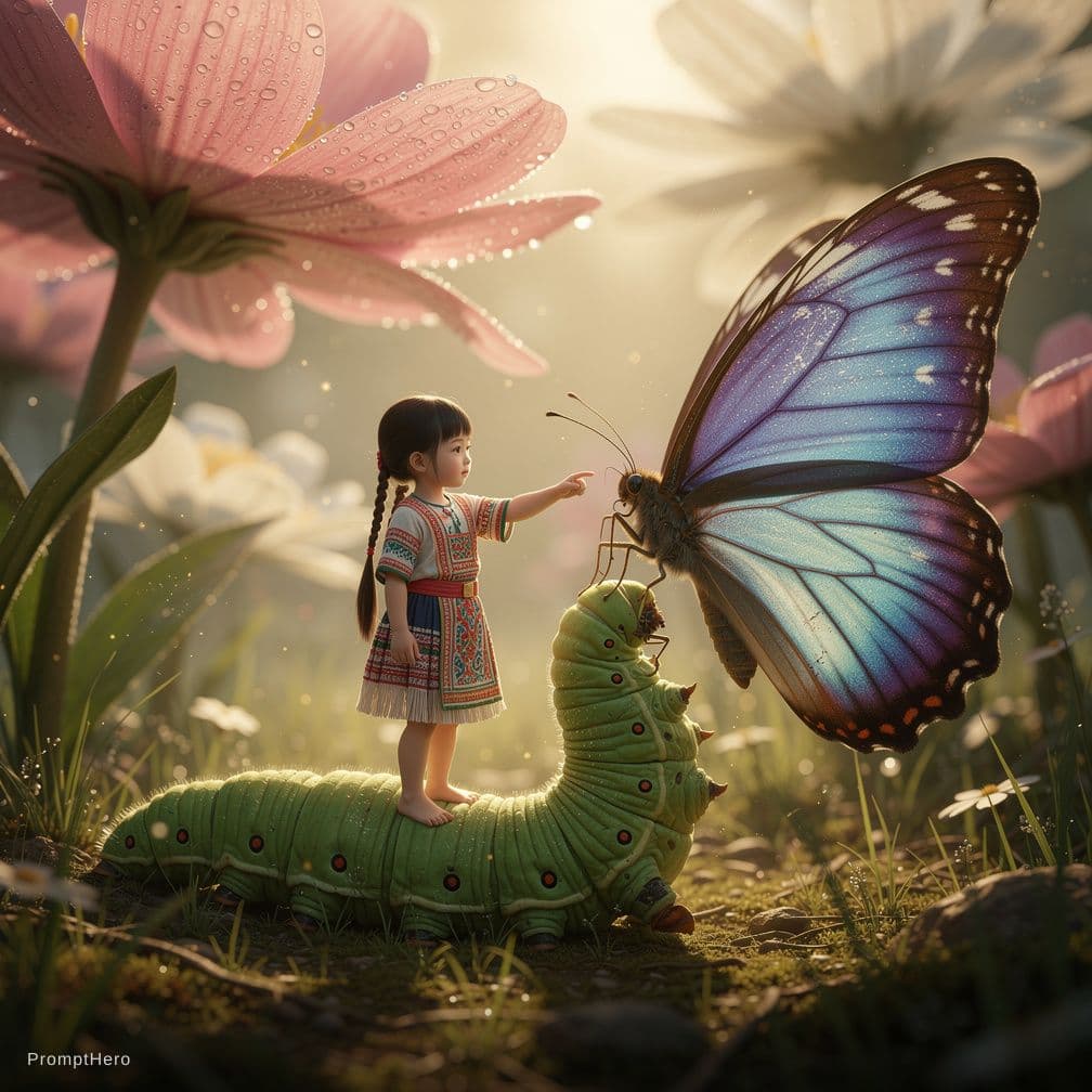 AI generated: very little Hmong girl in a macro fairy world, giant butterfly to one side of the girl, giant flower...