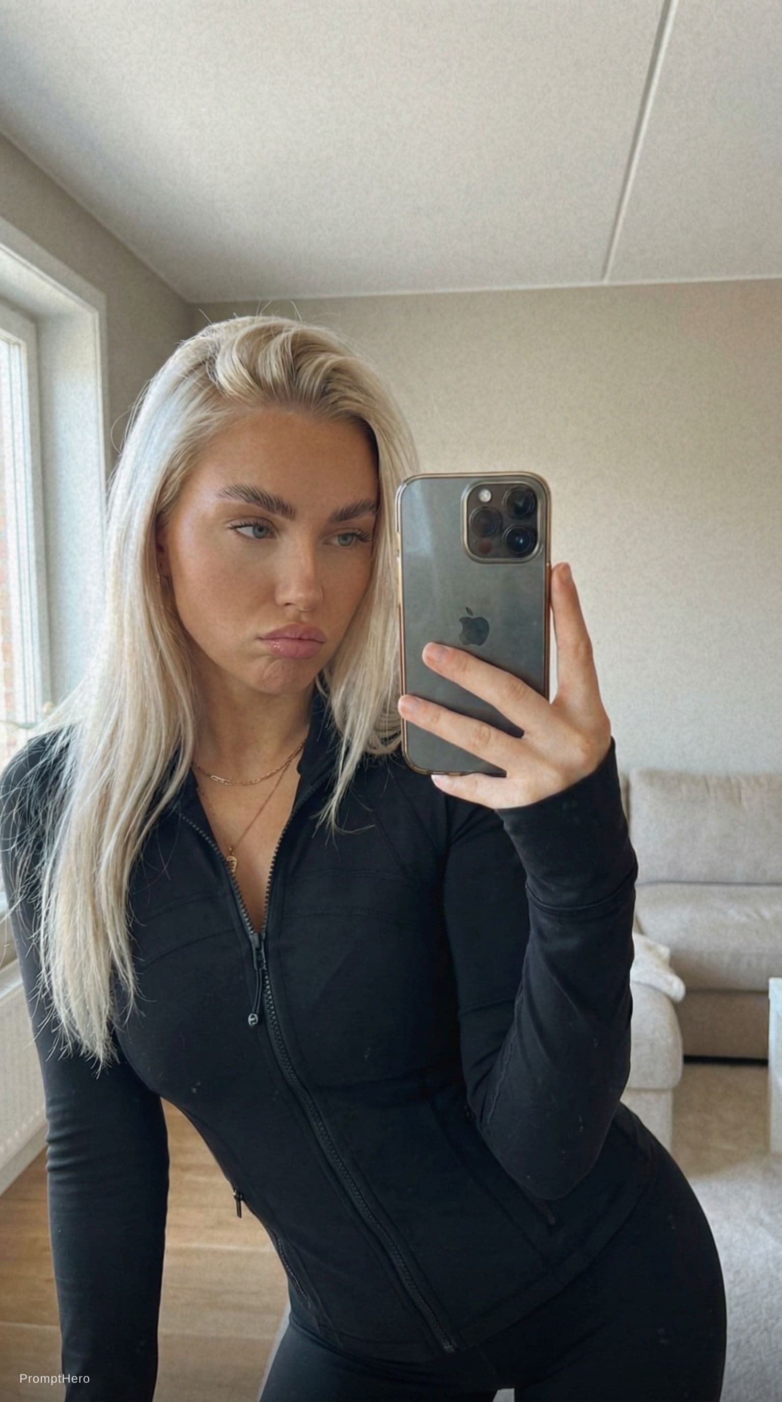 AI generated: Candid iPhone front camera selfie of a young adult European-looking woman indoors.
Arm’s-length self...