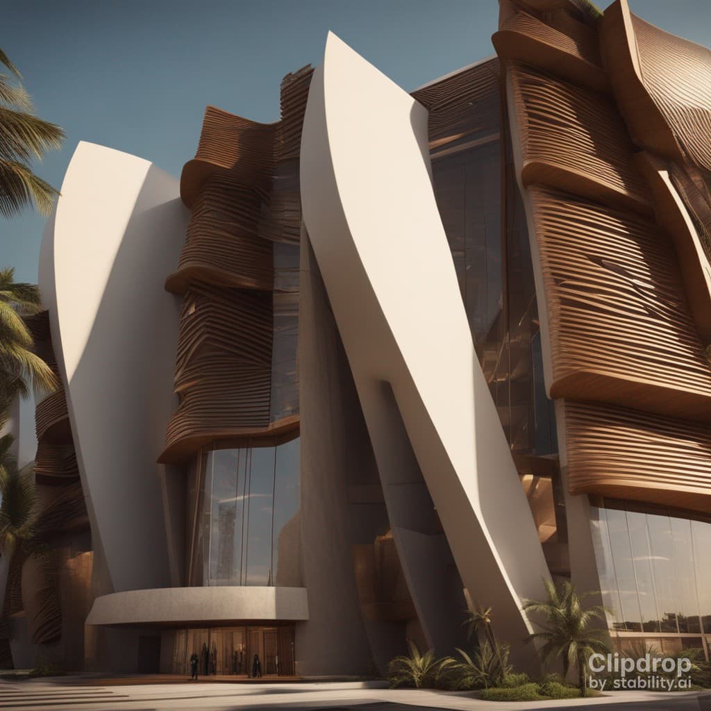 AI generated: Stylish modern building with smooth facade lines design in African patterns:: ultra modern::1 tropic...