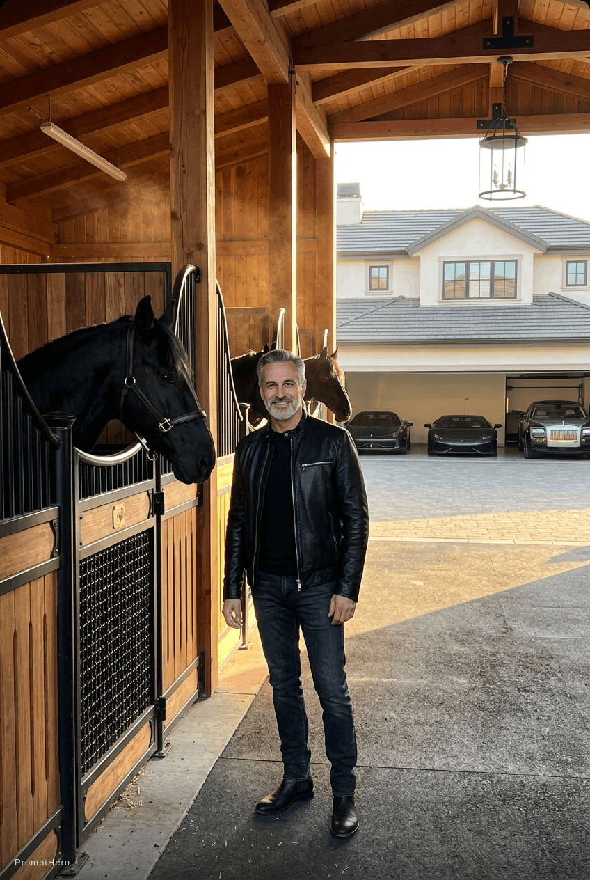 AI generated: Ultra realistic smartphone photo, Instagram story style, billionaire luxury ranch at sunset, modern ...