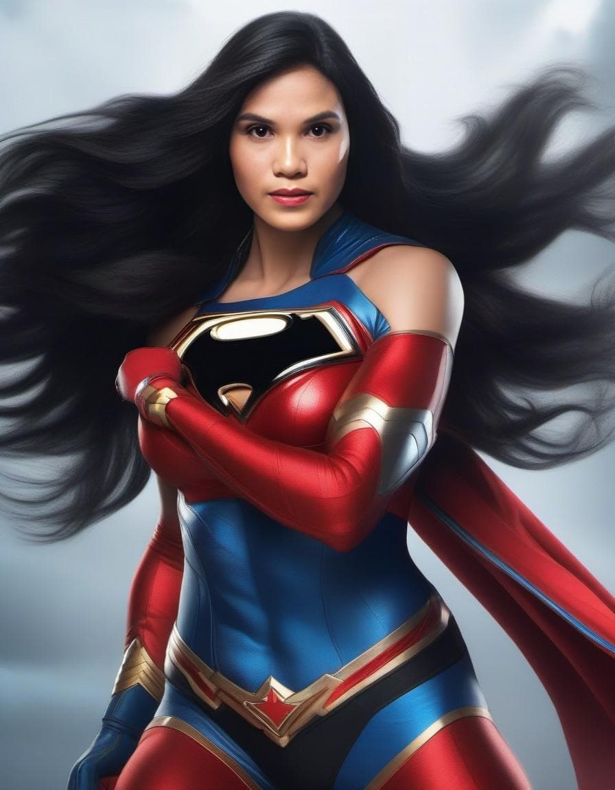 AI generated: A striking 3D render illustration of a tattoo depicting Super Woman, a superheroine, effortlessly li...