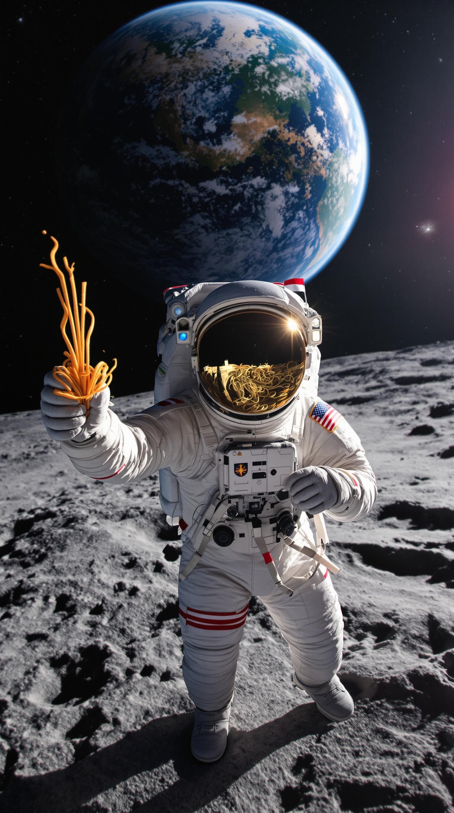 AI generated: astronaut taking a epic selfie and holding indomie noodle on his other hand on the moon, in the dist...