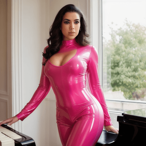 AI generated: Her pink latex suit clings to her body, the glittering sheen catching the soft light from the nearby...