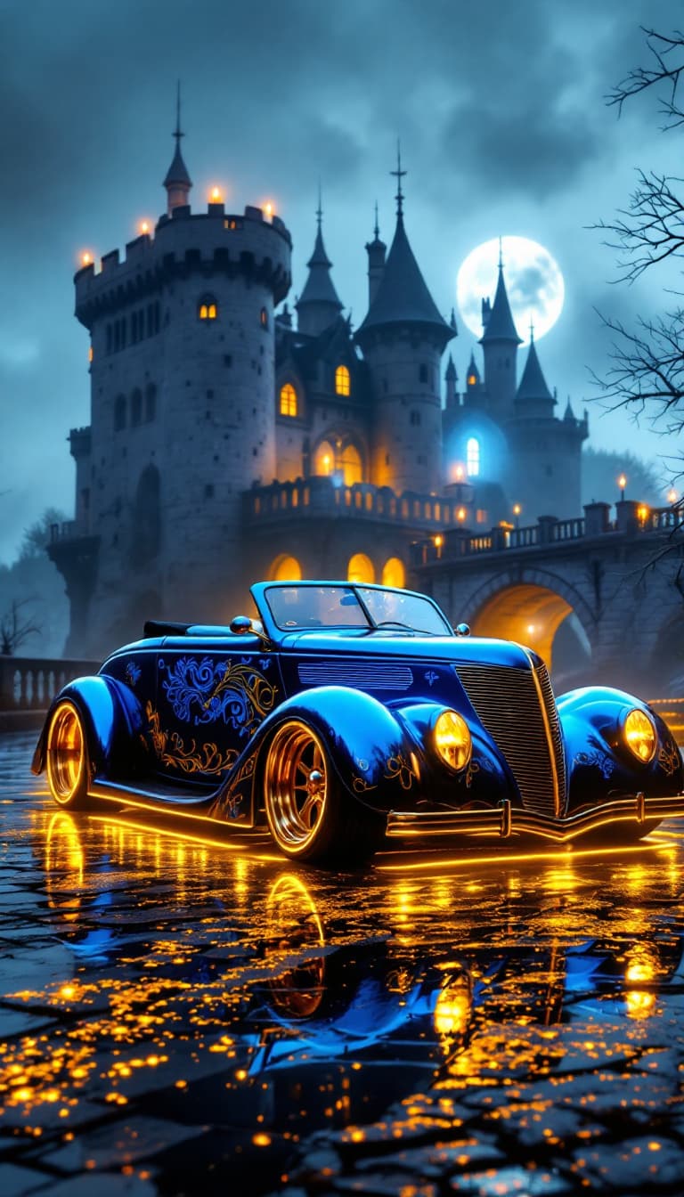 AI generated: A photo realistic 1938 Ford Roadster from a front side view. The car is lowered, a metallic blue bas...