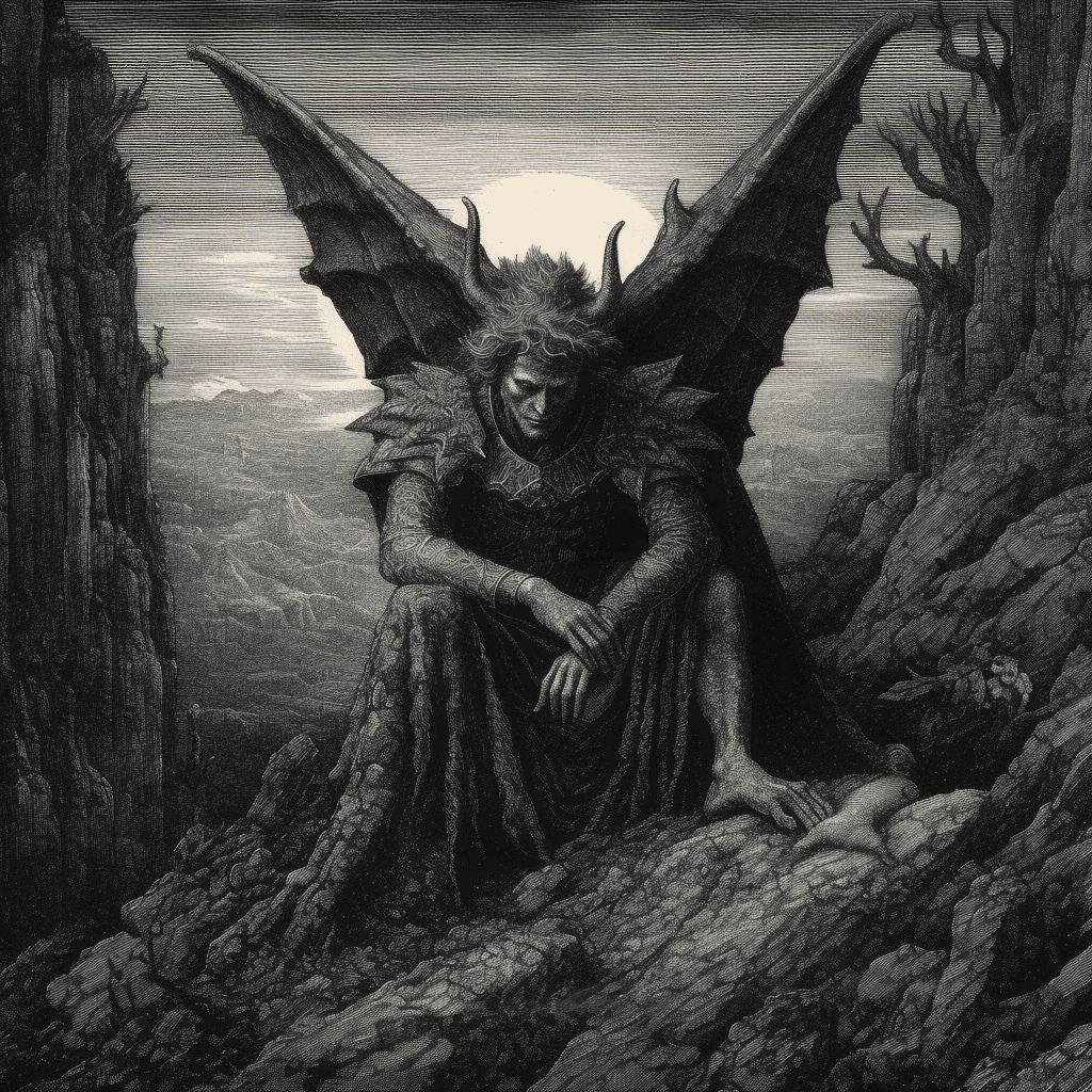 AI generated: **Neo - medieval mythological depiction of Lucifer's infinte sadness, chiaroscuro engraving by Gusta...