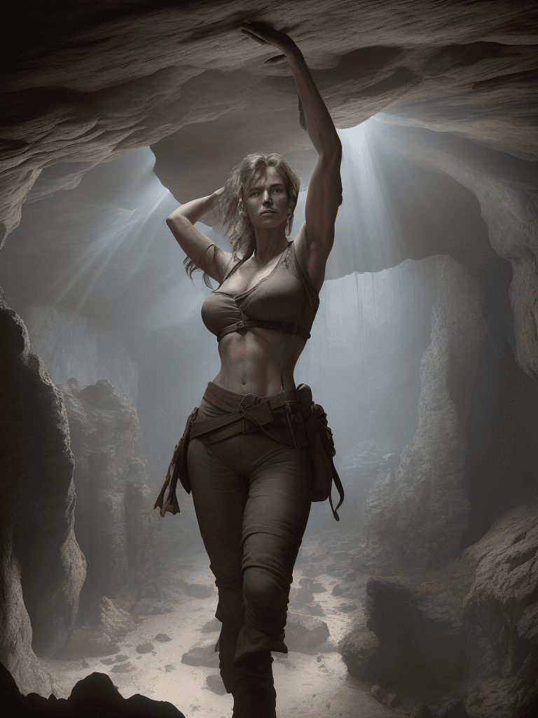 AI generated: This image depicts KatjaStudt as a female Indiana Jones, posing heroically in a vast, dimly lit cave...