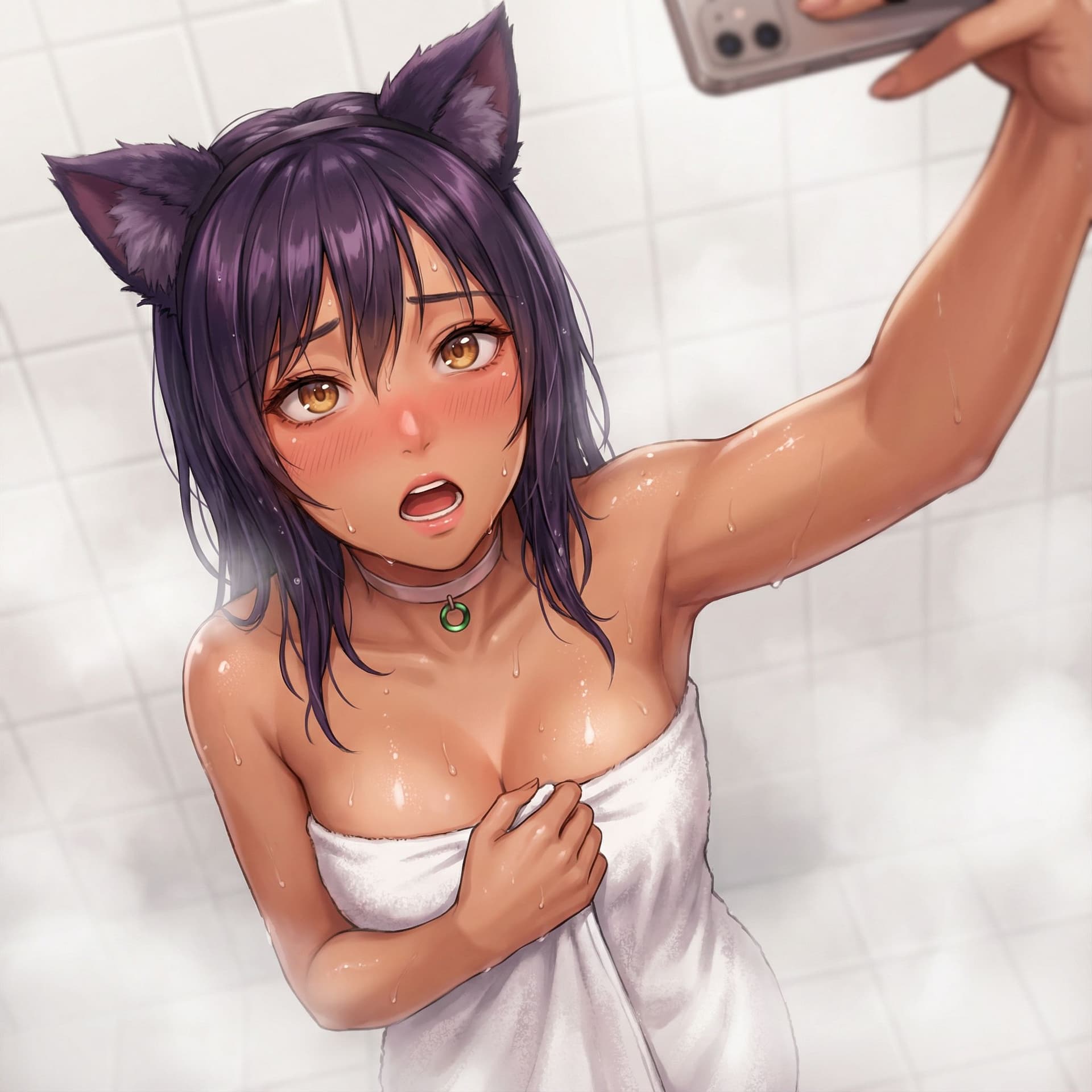 AI generated: A highly detailed, photorealistic, cinematic high-angle selfie shot of a stunning young korean woman...