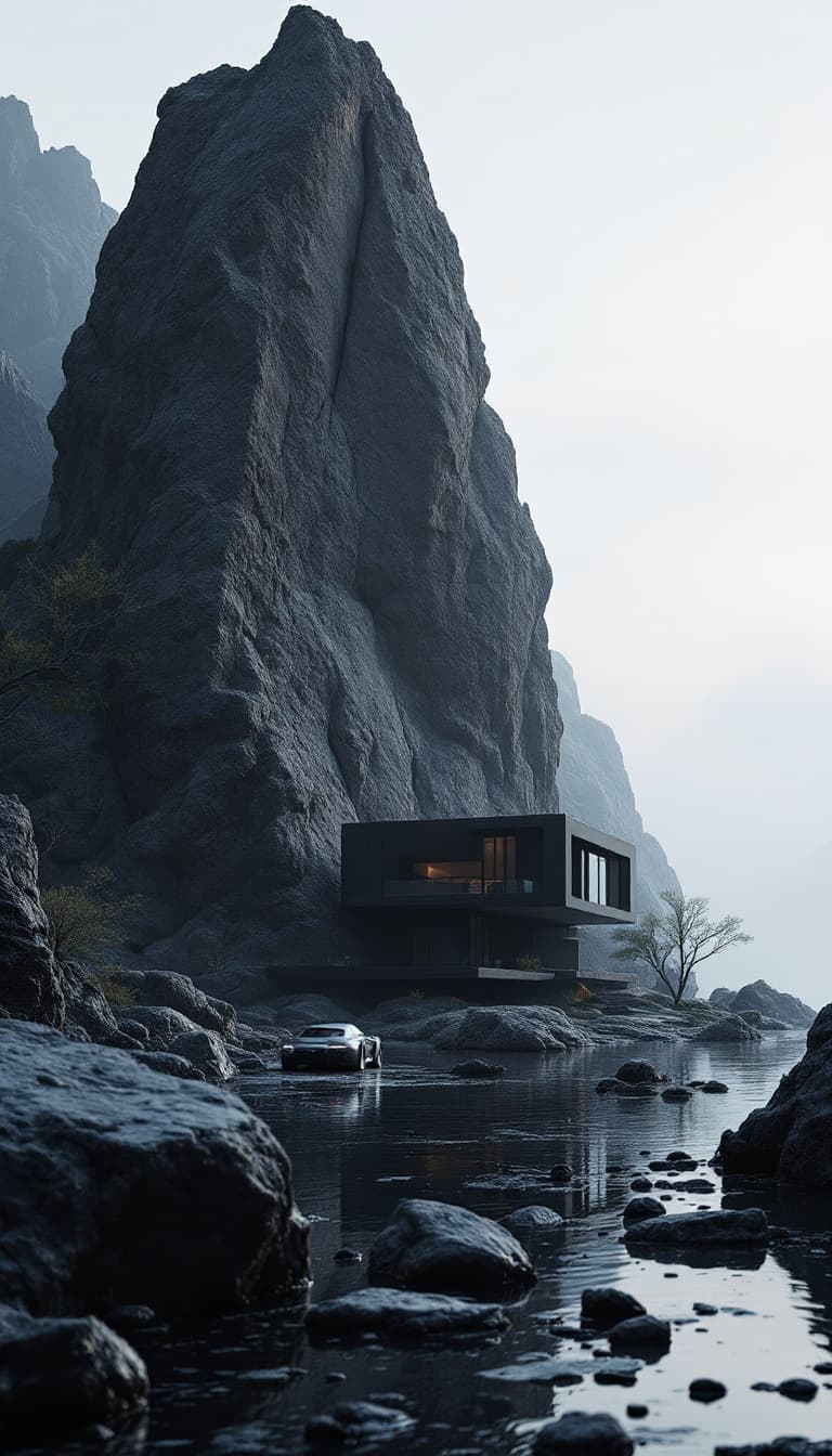 AI generated: the futuristic house in a rocky area with car, rock and house, in the style of dark gray and dark bl...