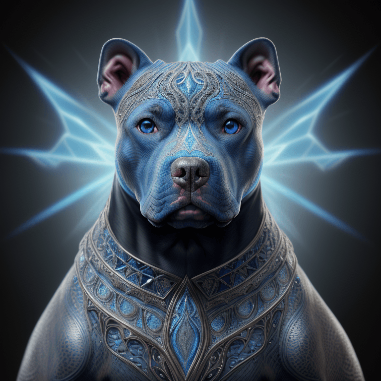 AI generated: Knelling American Pitbull Terrier, amazing, very exciting, cute blue eyes, filigree laser fractal de...