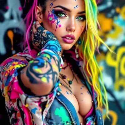 AI generated video: An ultra-realistic, full-body portrait of a mesmerizing graffiti artist woman, her pose both dynamic...