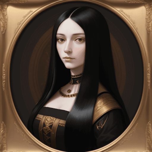 AI generated: a woman with long black hair in a gold painting, Look like  Protrait of renaissance  with realistic ...