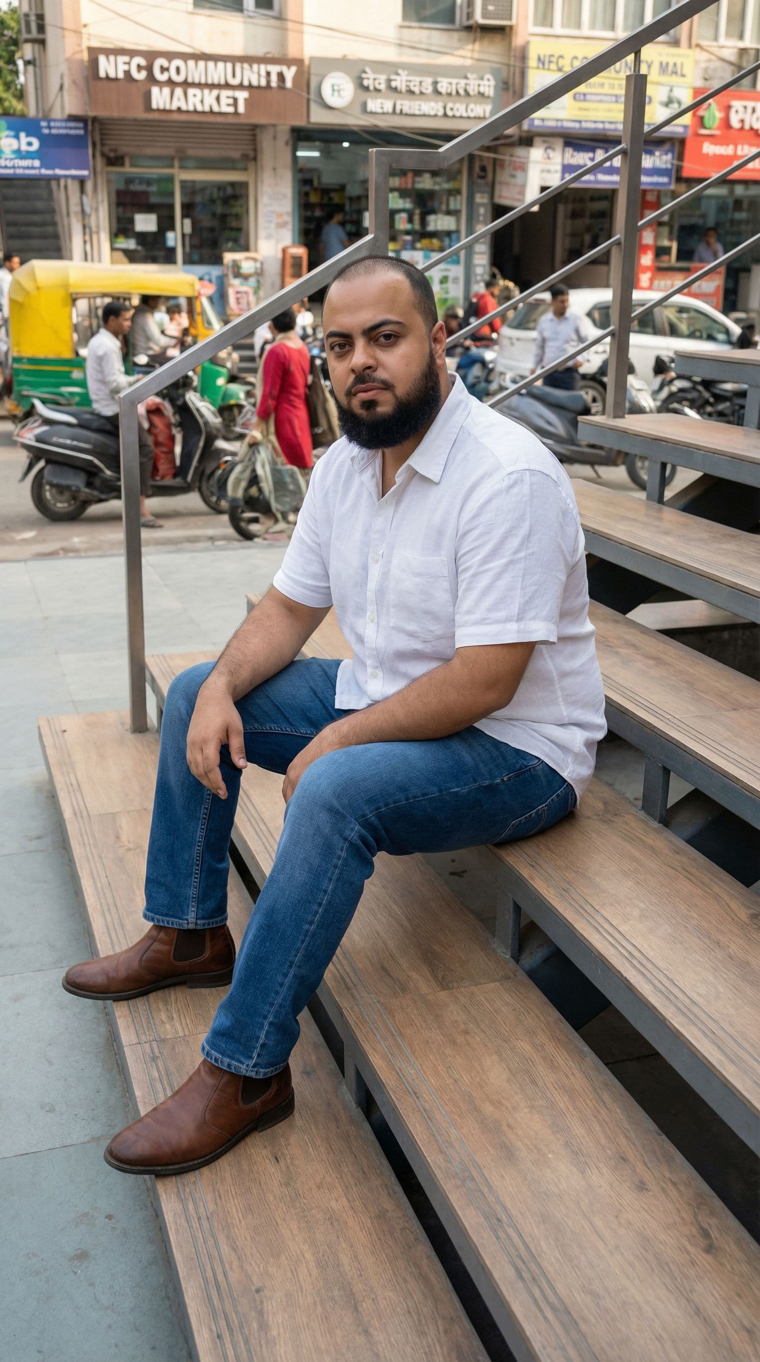 AI generated: Outdoor shot of a man in background of new friends colony cc market( new delhi)  (referencing the up...