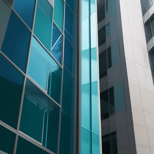 AI generated: photo of a aesthetic glass corner window from outside the building with a color combination of blue ...