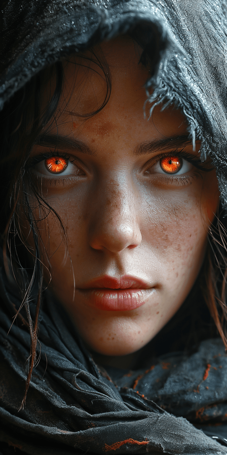 AI generated: a woman with red eyes in a hood, in the style of detailed penciling, raphael lacoste, dark silver an...