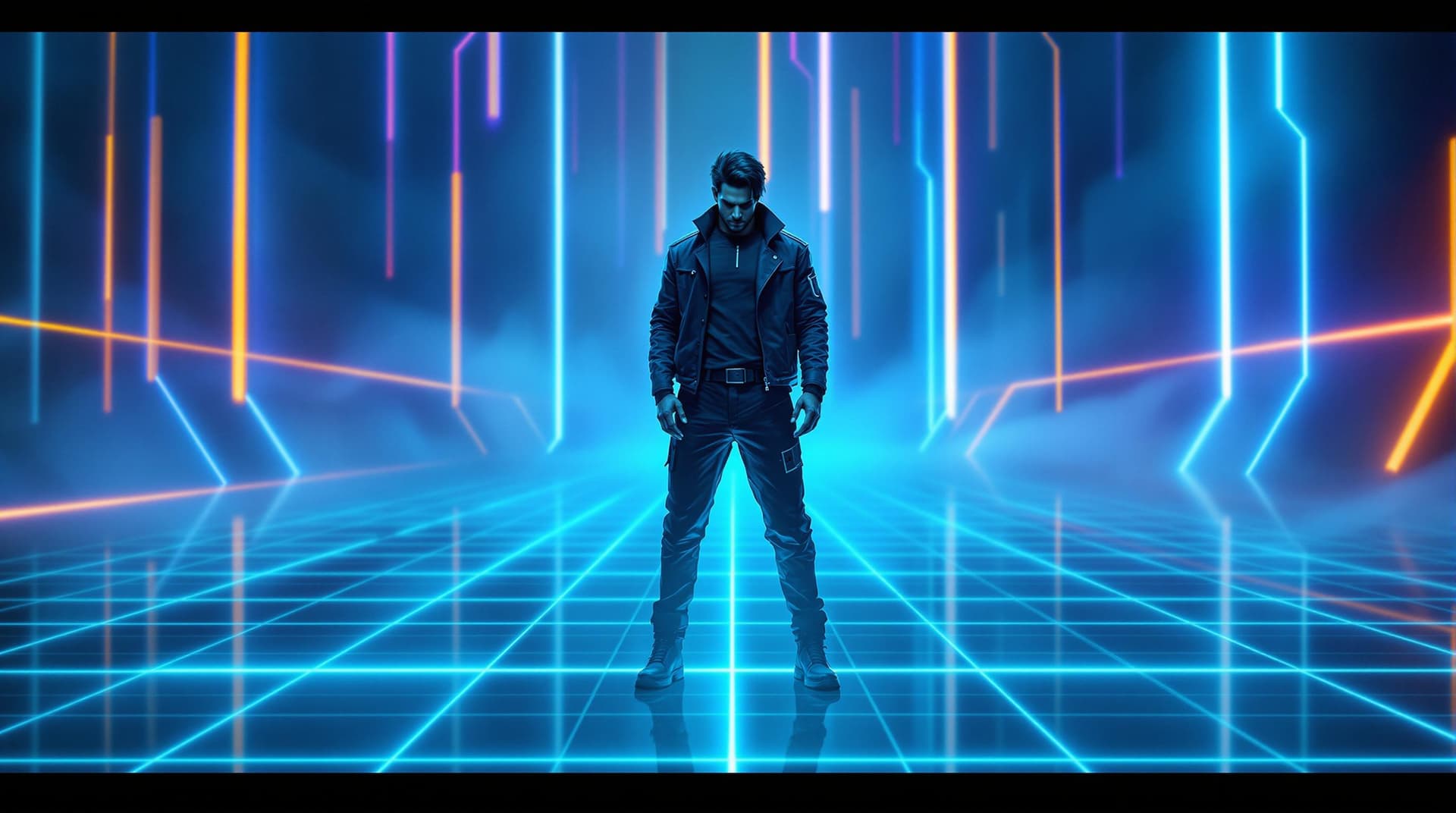 AI generated: Neo stands confidently on a glowing, neon grid, surrounded by vibrant blue and orange light trails. ...