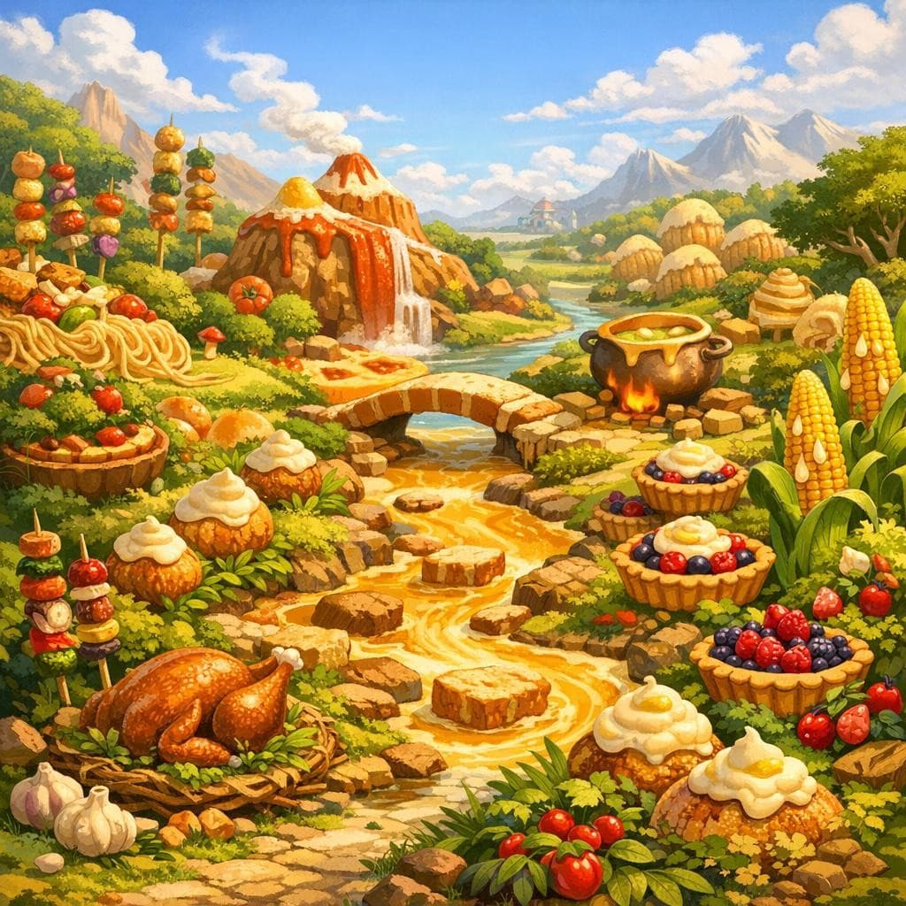 AI generated: Create a unique environment/Biome of a Cooking → The Hearthlands (warm lands, food naturally grows r...