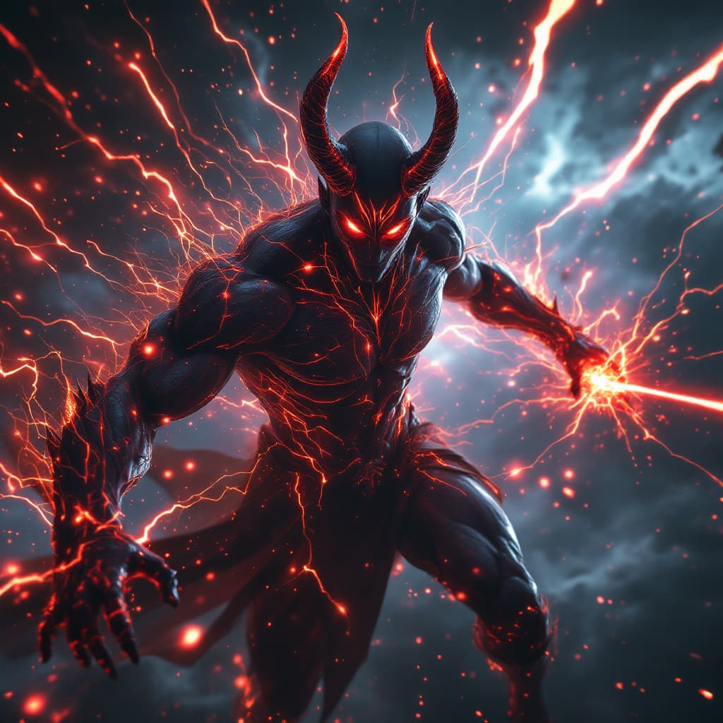 AI generated: God of Energy and Plasma full-body, Etherial, muscular, Glowing red eyes, epic, cinematic, 8k, hyper...