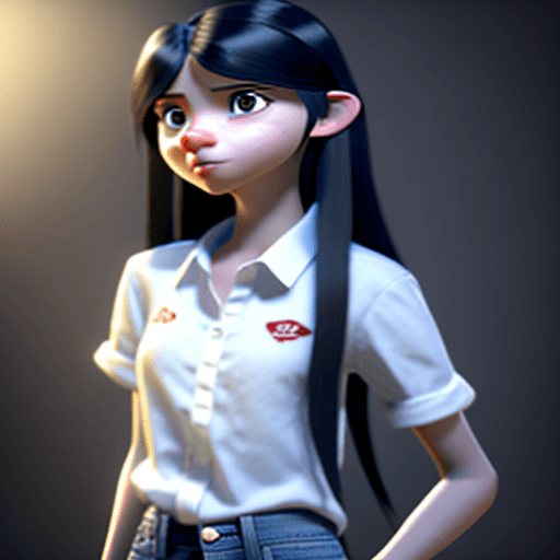 AI generated: disney pixar visual of a 17 year old girl with long, black hair wearing a white shirt including jean...