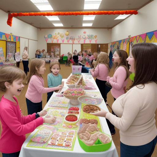 AI generated: A lively and vibrant scene of a typical PTA (Parent-Teacher Association) event, with a variety of ac...