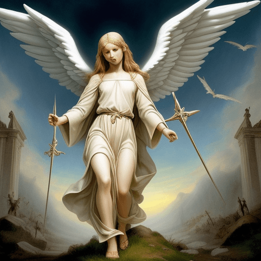 AI generated: create an angel  describe in to bible, according to the gospels in battle with Satan