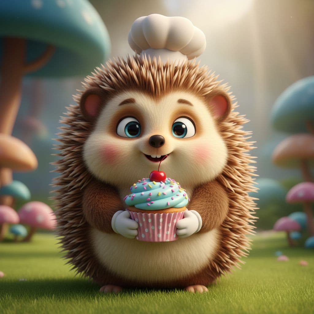 AI generated: “3D cartoon hedgehog holding a cupcake with sprinkles.”