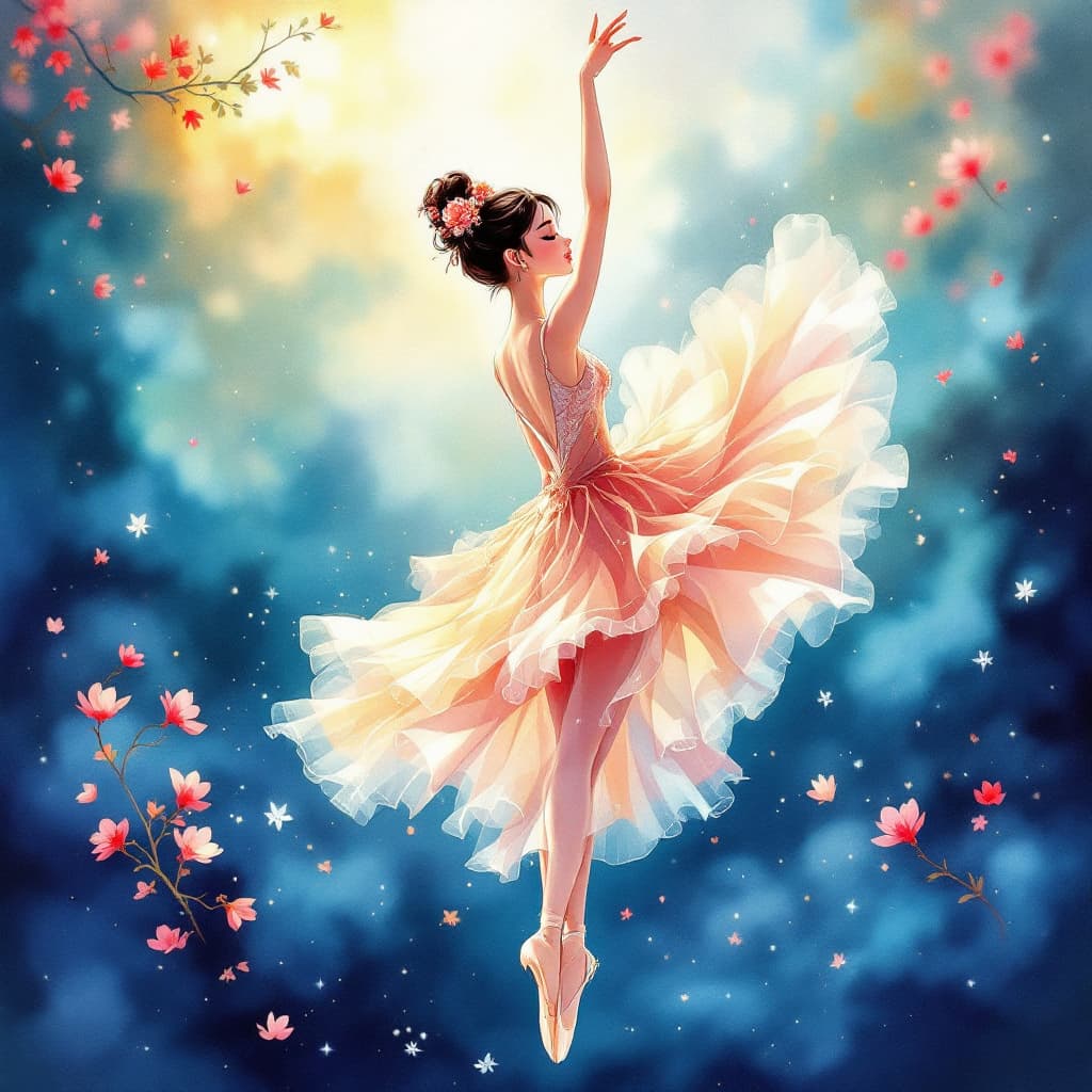 AI generated: 
bailarina clássica 
em um estilo suave de desenho animado em aquarela inspirado em anime com delica...