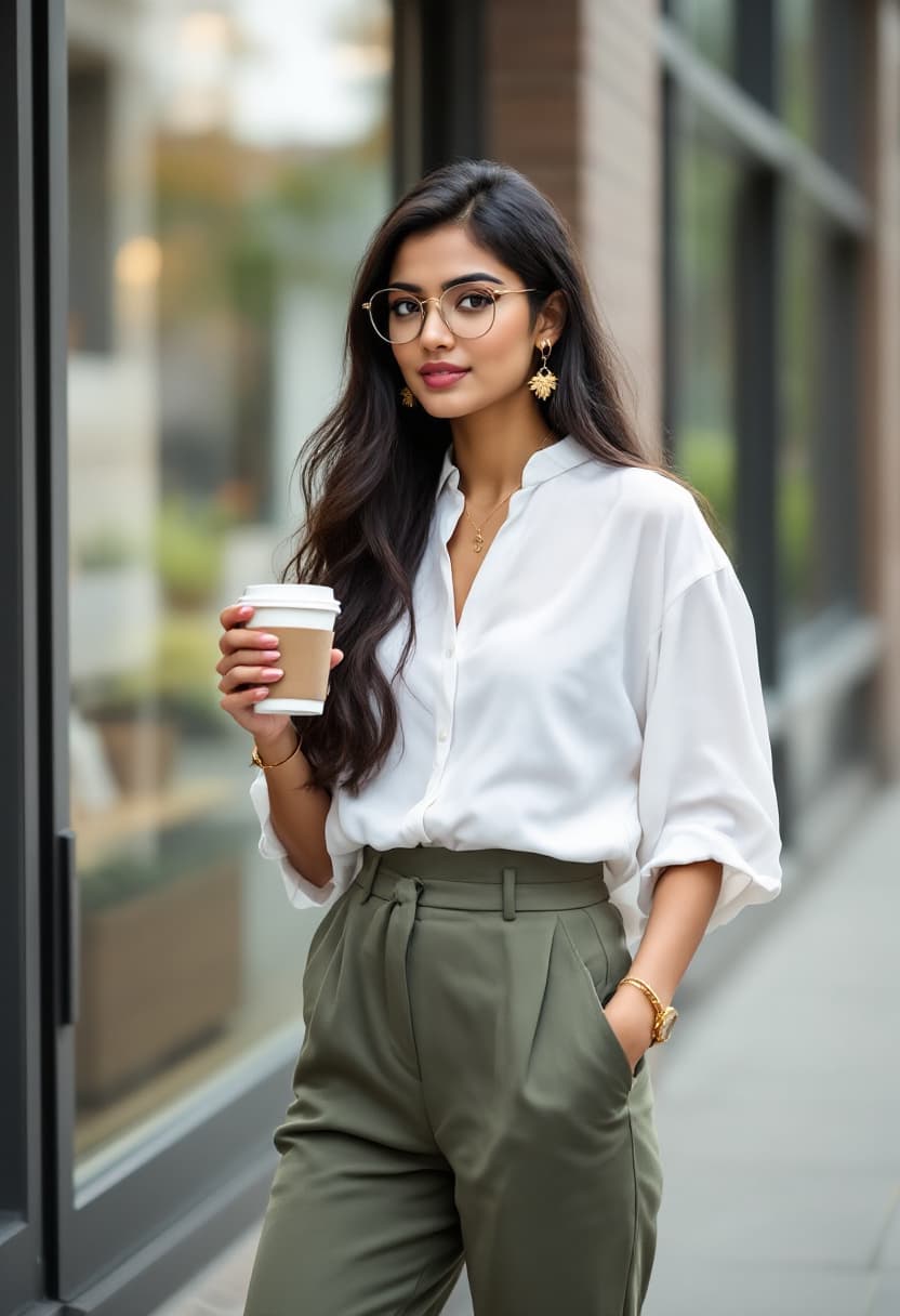 AI generated: Full-body view of a stylish Indian woman, standing near a campus library entrance, dressed in a casu...