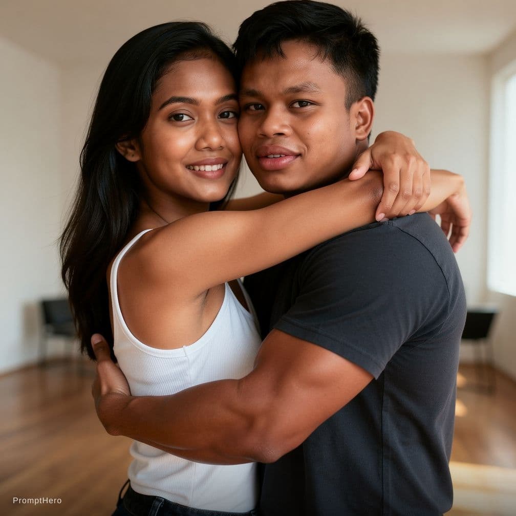 AI generated: Combine the two provided images into one single image where the man and the woman are hugging each o...