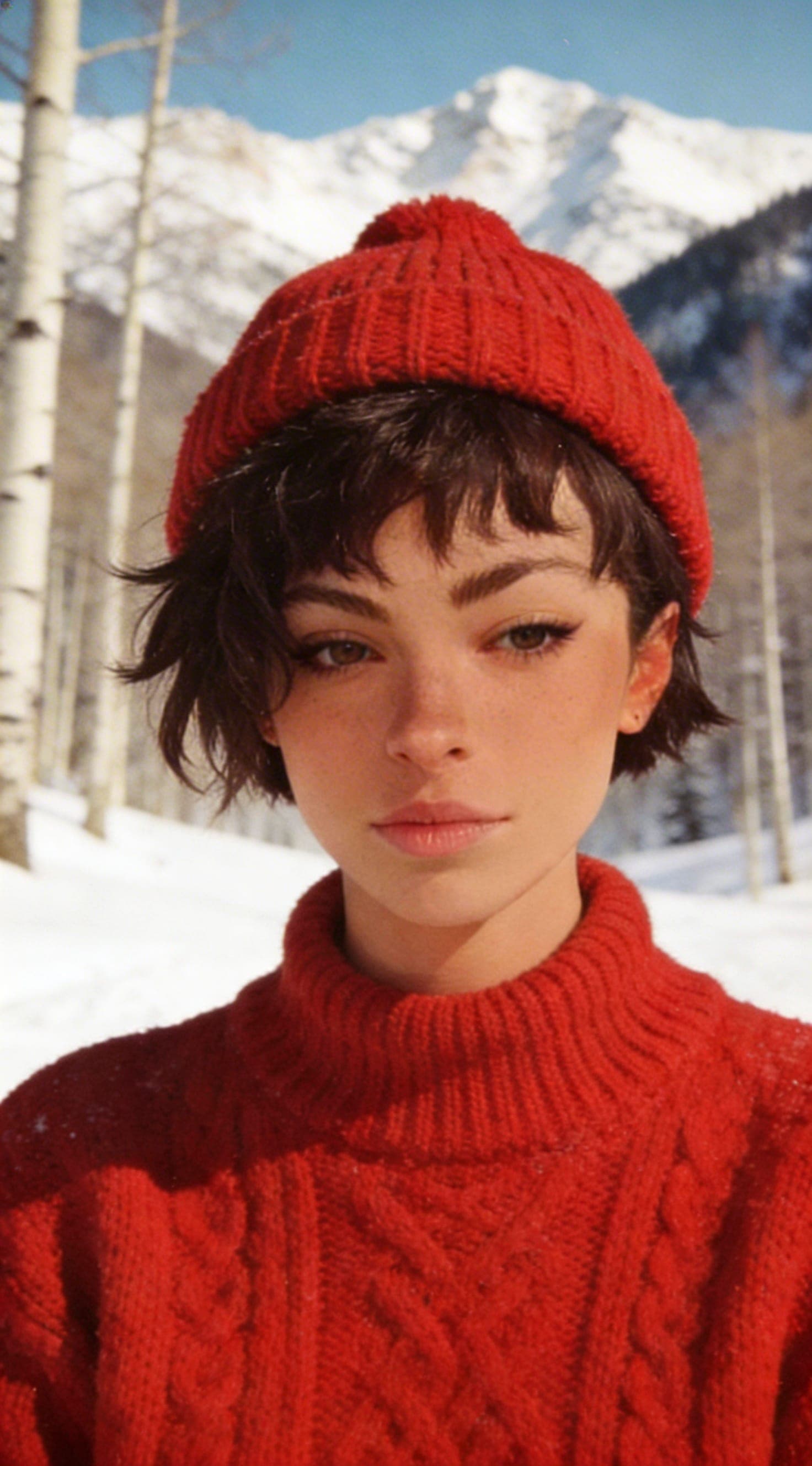 AI generated: A young, fair-skinned woman, likely in her early twenties, is centered in the frame, gazing directly...