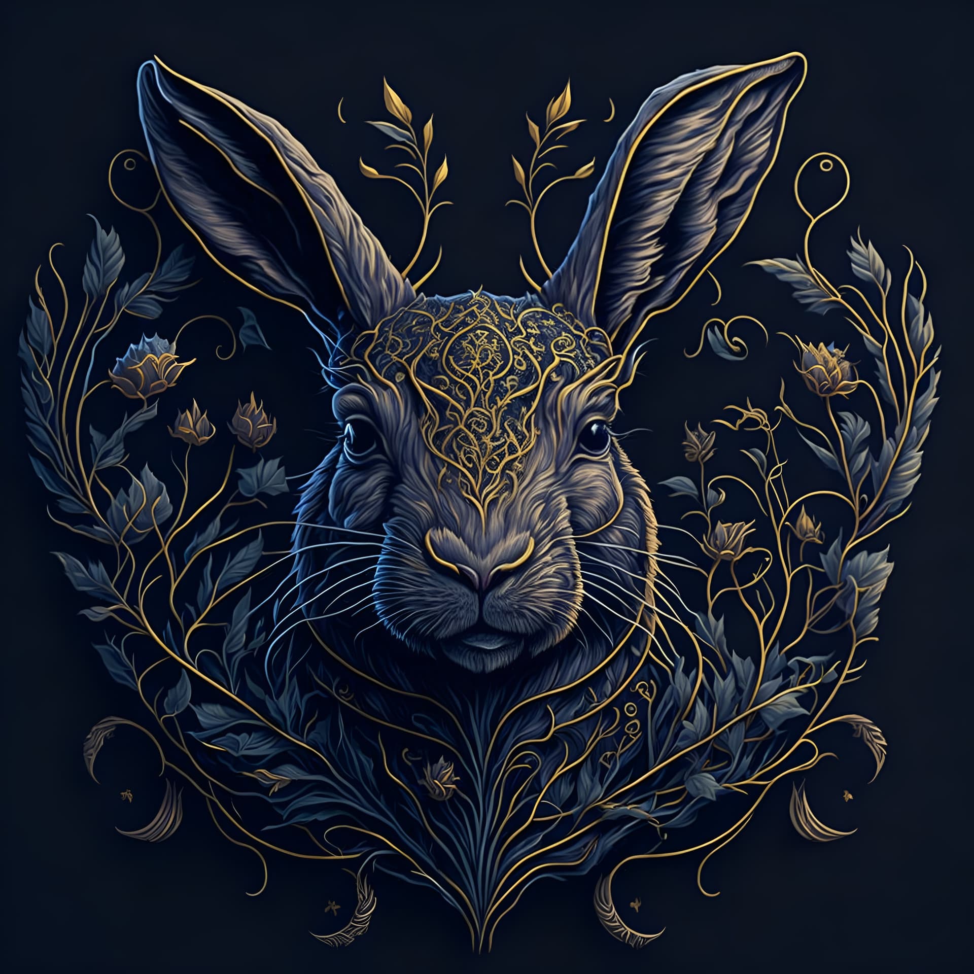AI generated: A vibrant botanical steampunk illustration realistic rabbit face, symmetrical, style of William Morr...