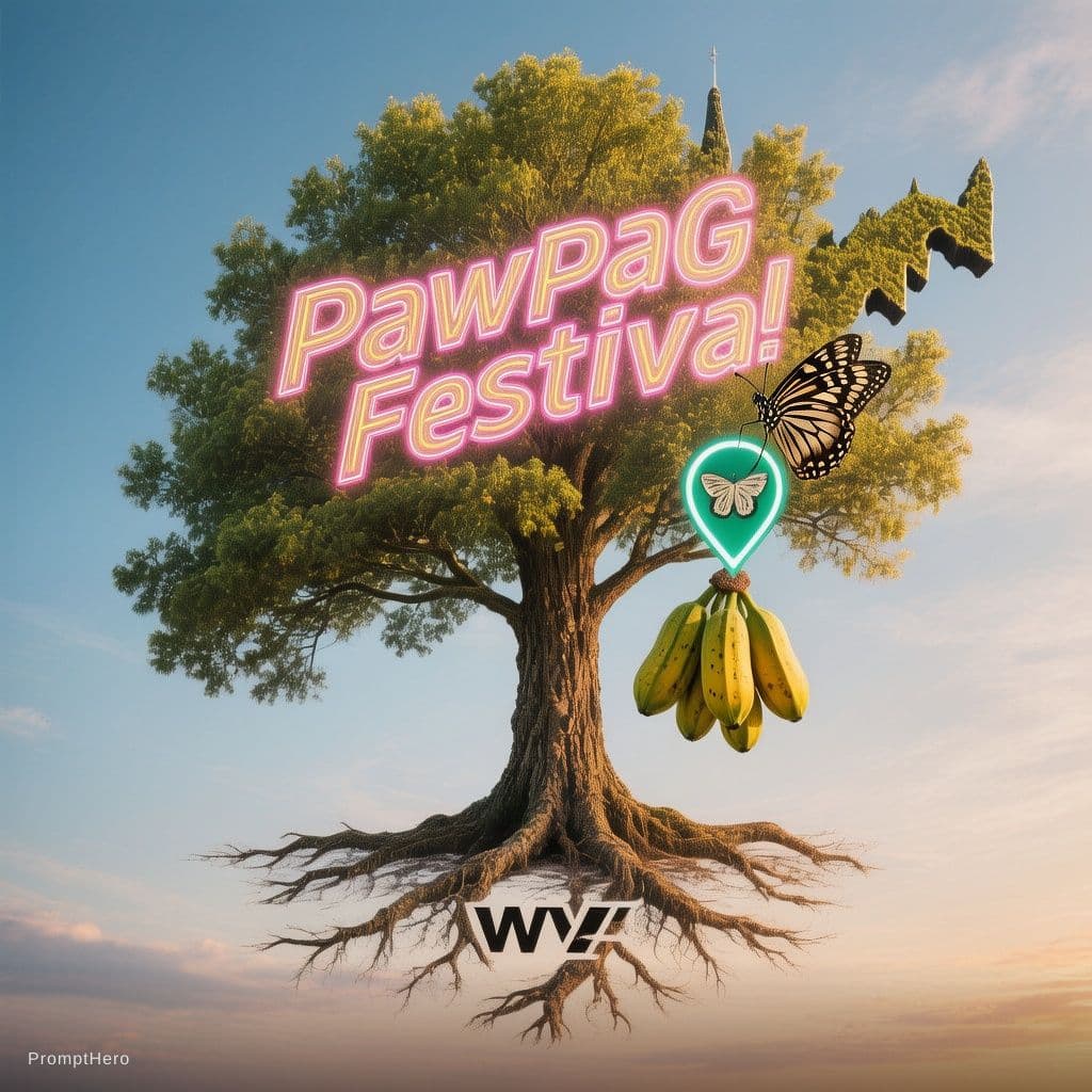 AI generated: Create an image for shirts and logo merchandise that is a pawpaw tree top in the shape of the state ...