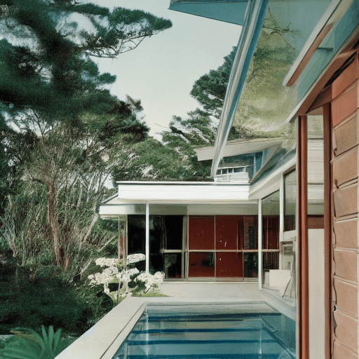 AI generated: Hyper realistic eye level exterior photo of a mid century modern style house overlooking the ocean, ...