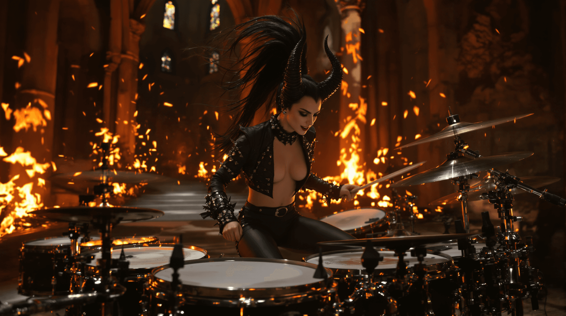 AI generated: A dynamic, explosive cinematic phot of Lamašatu, the demon drummer, unleashing a torrent of rhythmic...