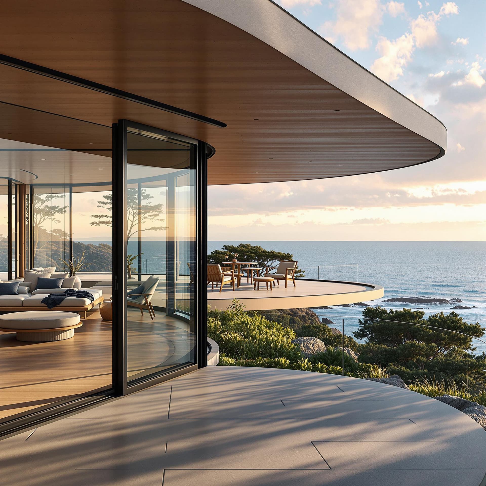 AI generated: Hyper realistic eye level exterior photo of a mid century modern style house overlooking the ocean, ...